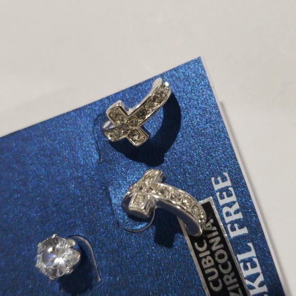 Set of 3 Silver-Tone Stud Earrings - Cubic Zirconia & Cross Design Women Jewelry - Picture 5 of 8
